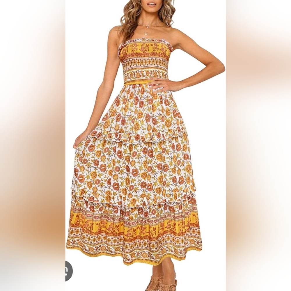 ZESICA Boho Floral Strapless Smocked Tiered Maxi Dress - Mustard Yellow Size S